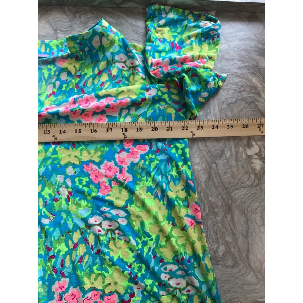 Dear Scarlett Lizzy-56 Floral V-Neck Roll Tab Sleeve Blouse Blue Pink Green L - Picture 2 of 7